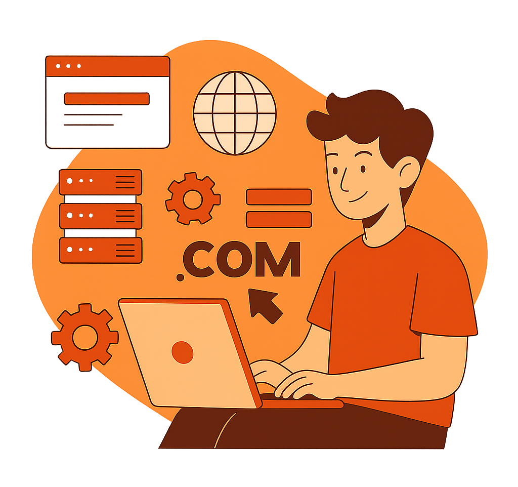 Usuario registrando dominio .com para su sitio web desde su ordenador Ilustración de un joven utilizando un portátil para registrar un dominio .com, con íconos de servidores, engranajes y navegación web