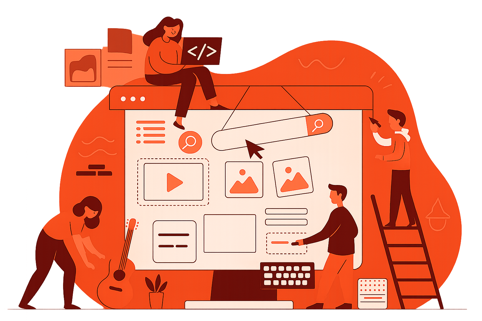 Ilustración de un equipo diseñando y desarrollando una página web en un entorno creativo y colaborativo