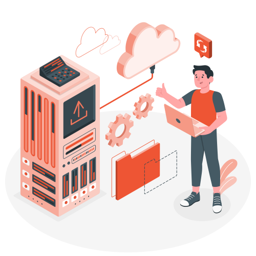 Ilustración de un técnico configurando un servidor conectado a la nube para servicios de hosting web```