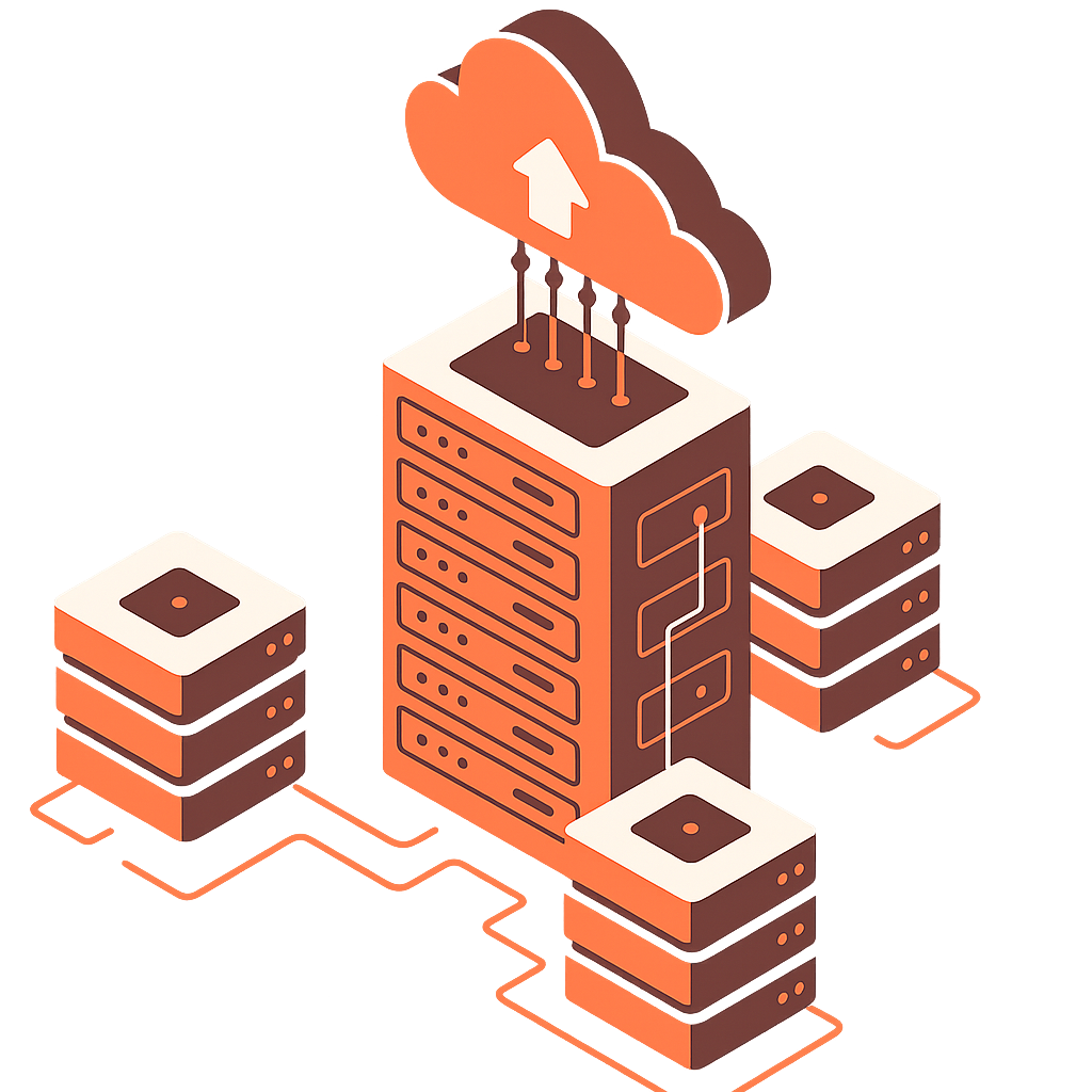 Infraestructura de servidores conectados a la nube para hosting avanzado Ilustración isométrica de servidores físicos conectados a una nube para almacenamiento y hosting en la nube